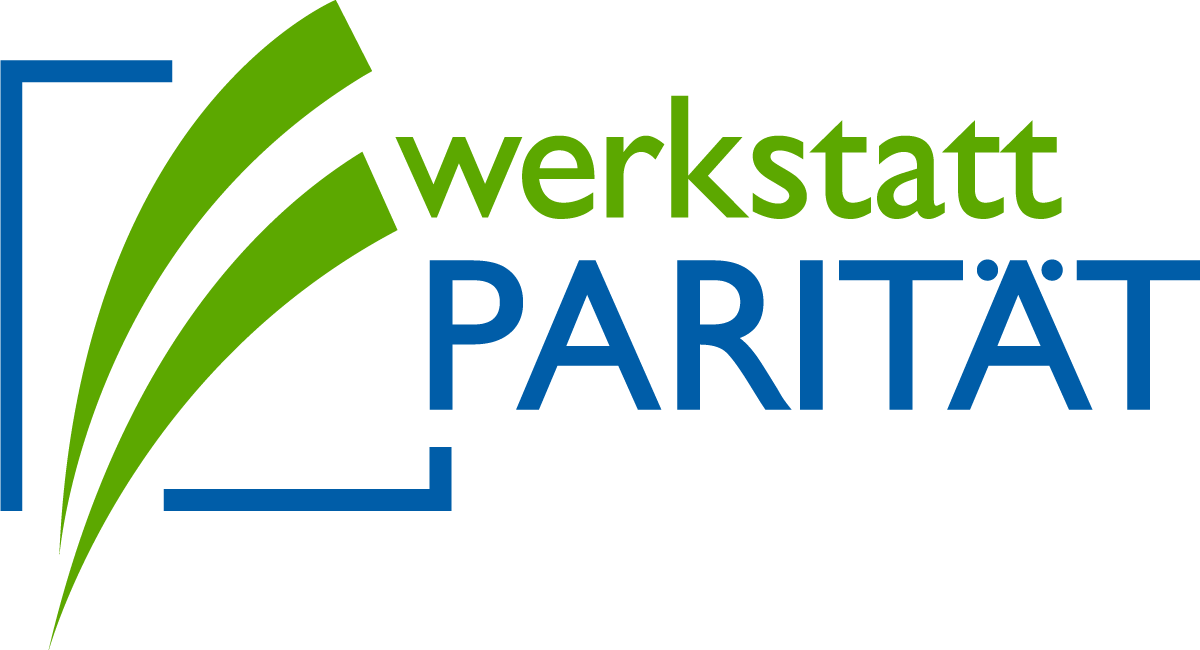 Logo der Werkstatt Parität: schritzug in grün und blau