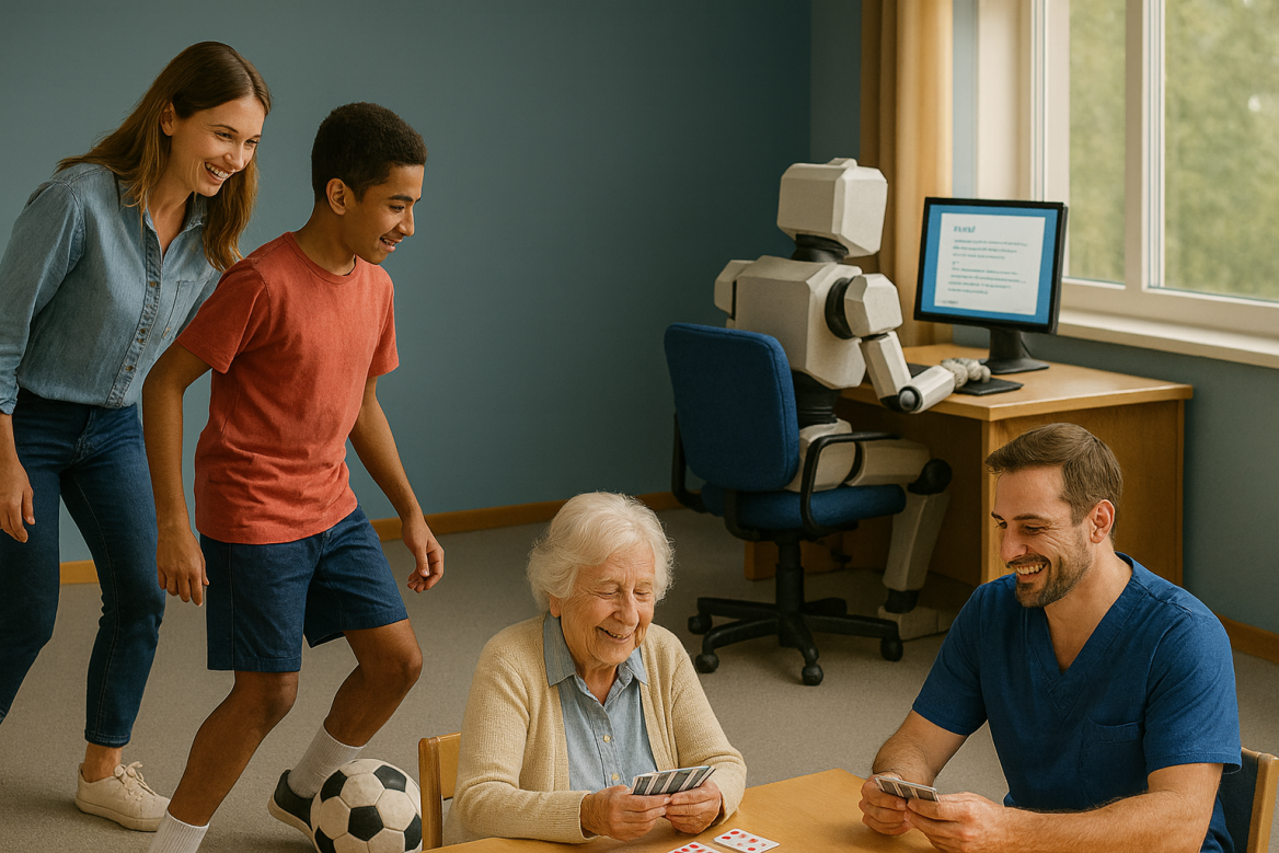 KI generiertes Bild mit zwei Personen die Fußball spielen, 2 Personen die Karten spielen, während ein Roboter an einem Schreibtisch arbeitet.