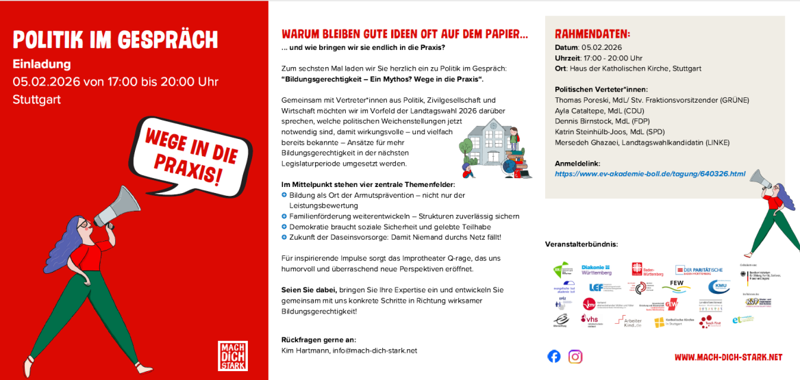 Einladung zur Veranstaltung Politik im Gespräch am 05.02.2026, links ist eine Comic Frau zu sehen, die mit einem Megaphon ruft: Wege in die Praxis. Rechts davon sind die Rahmendaten und weitere Veranstaltungshinweise zu sehen, sowie die Logos des Veranstlaterbündnis