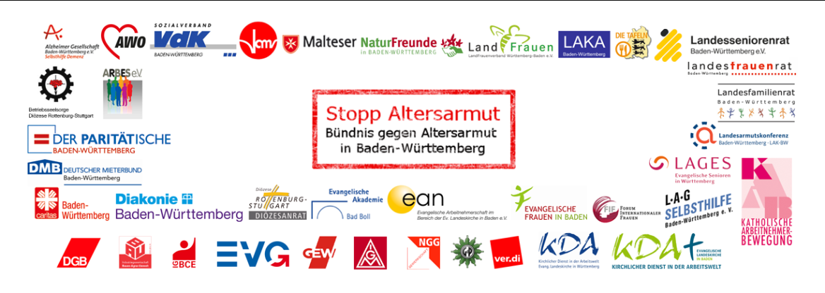 Die Logos von 45 Sozialverbänden, Gewerkschaften und weiteren Akteuren sind zu sehen. In der Mitte steht Stopp Altersarmut. Bündnis gegen Altersarmut in Baden-Württemberg 