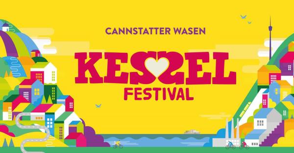 Gelbes Plakat mit bunten Häusern rechts und links am Hang und in der Mitte blaues Wasser