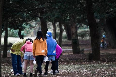 Junge Menschen von hinten vor Bäumen im Park