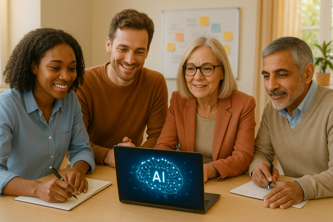 Diverse Menschen sitzen an einem Laptop mit AI Beschriftung