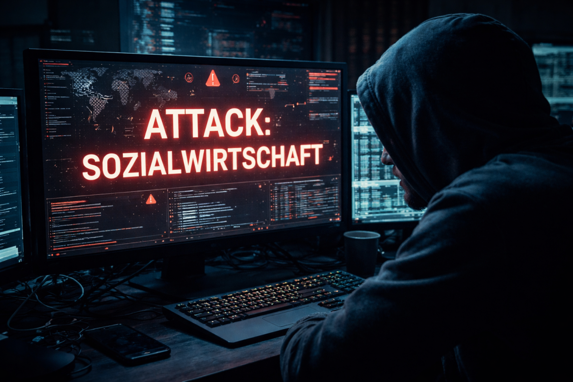 Ein Hacker sitzt vor einem Bildschirm 