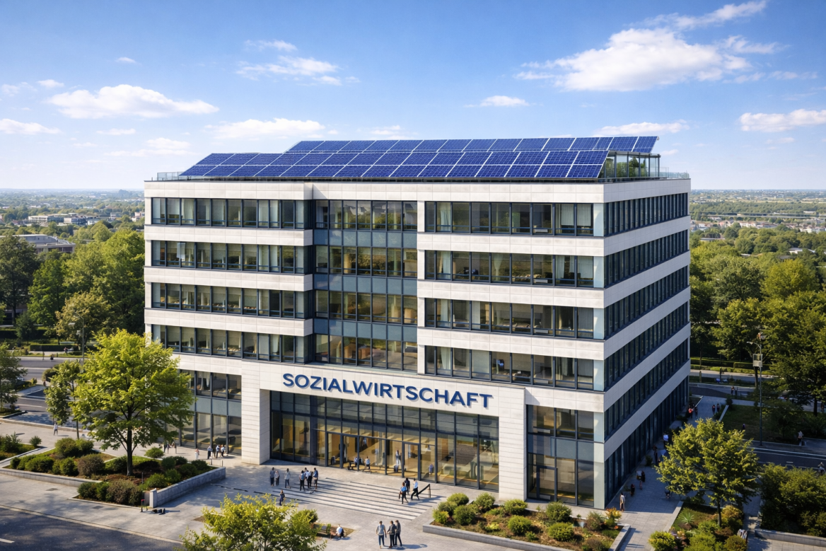 Symbolbild eines Bürogebäudes der Sozialwirtschaft mit Photovoltaikanlagen