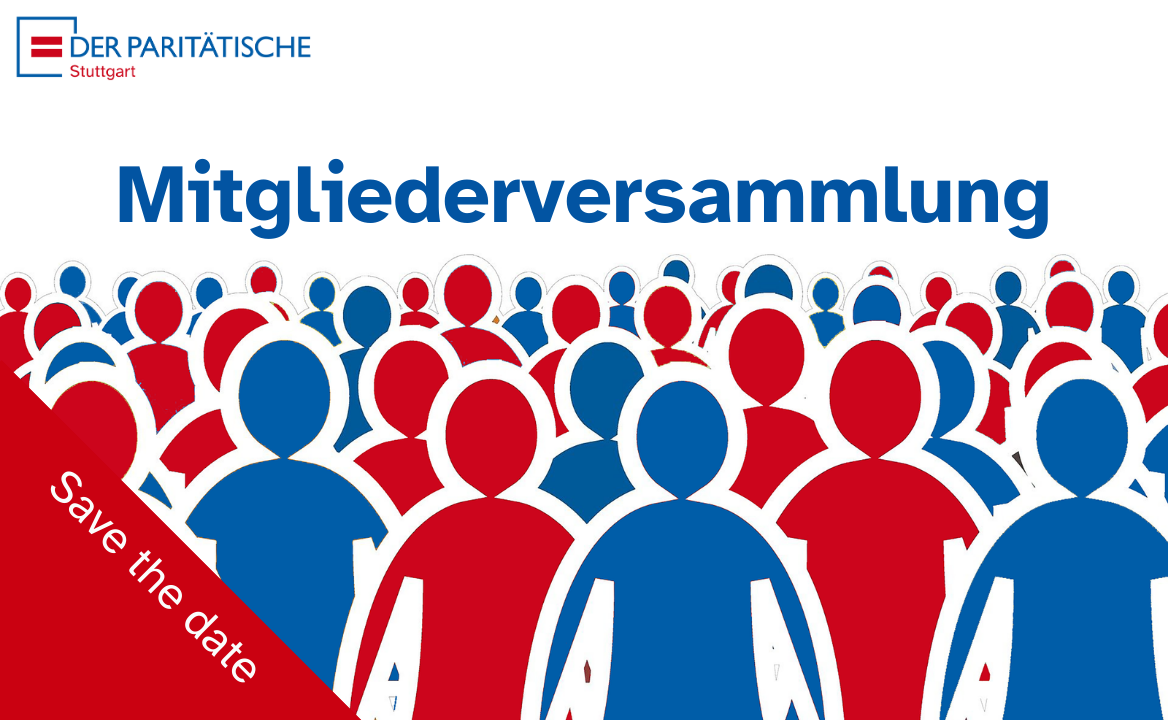 Viele illustrierte Personen in rot und blau, die vor dem Schriftzug Mitgliederversammlung stehen
