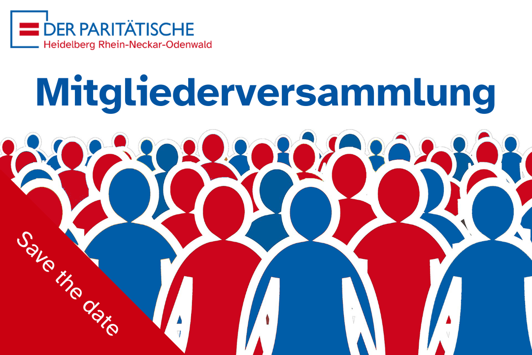 Viele symbolische Menschen in den Farben des Paritätischen treffen sich zur Mitgliederversammlung 